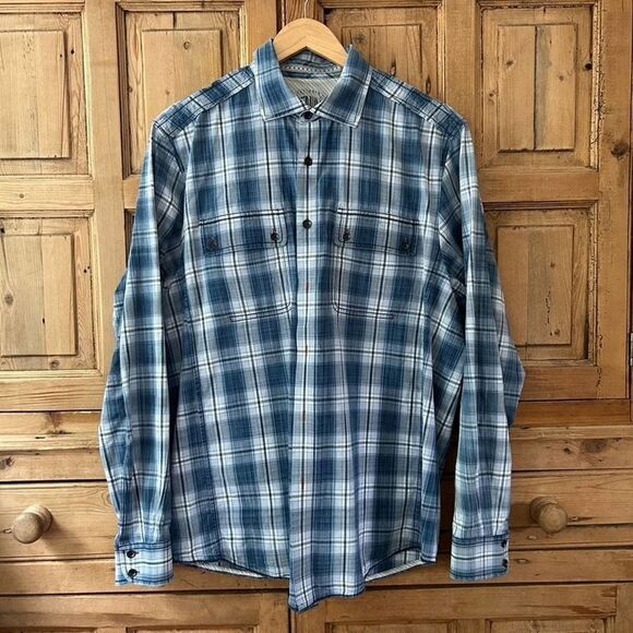 Men's Tommy Bahama Denim Medium Button Front Shirt Blue Plaid Long Sleeve Casual - Picture 1 of 9